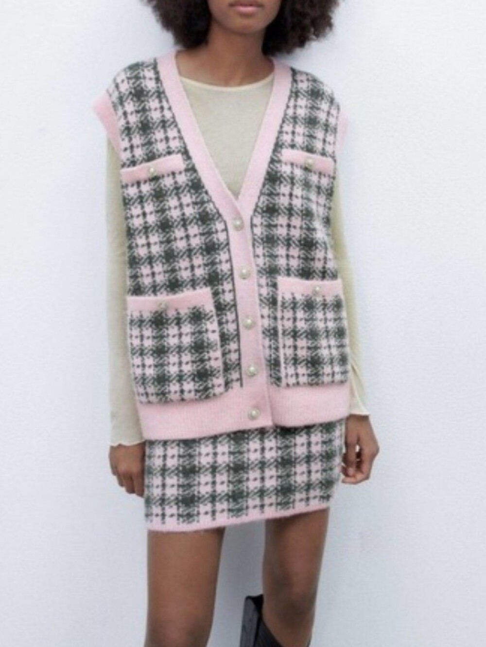 Zara Pink And Green Houndstooth Mini Skirtset Size S/M Preppy
